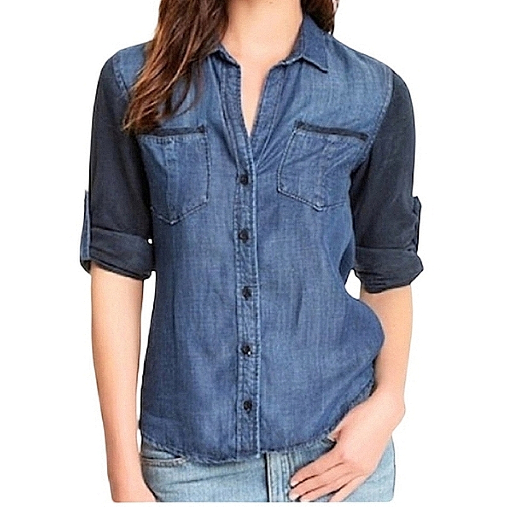 Cloth & Stone Two-Tone Blue Chambray Denim Button Up Shirt Top Size XS